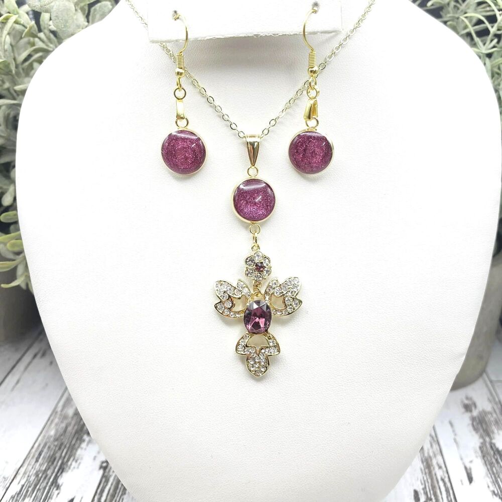 Purple Rhinestone Necklace & Earrings Set | Handmade Resin Set